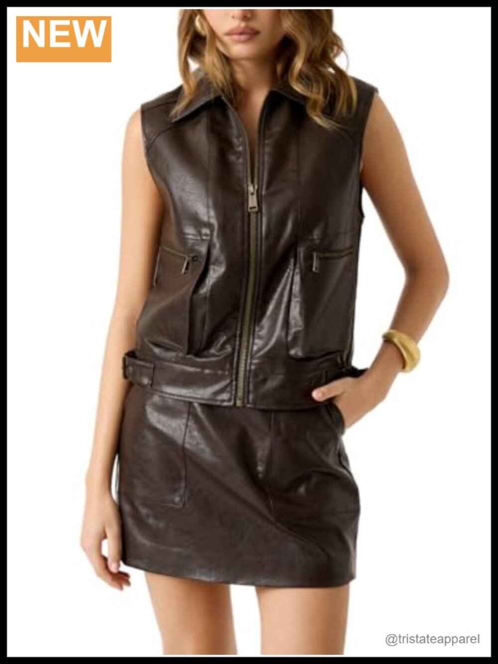 Women's Faux Leather Zip Front Vest Sleeveless w/ Pockets